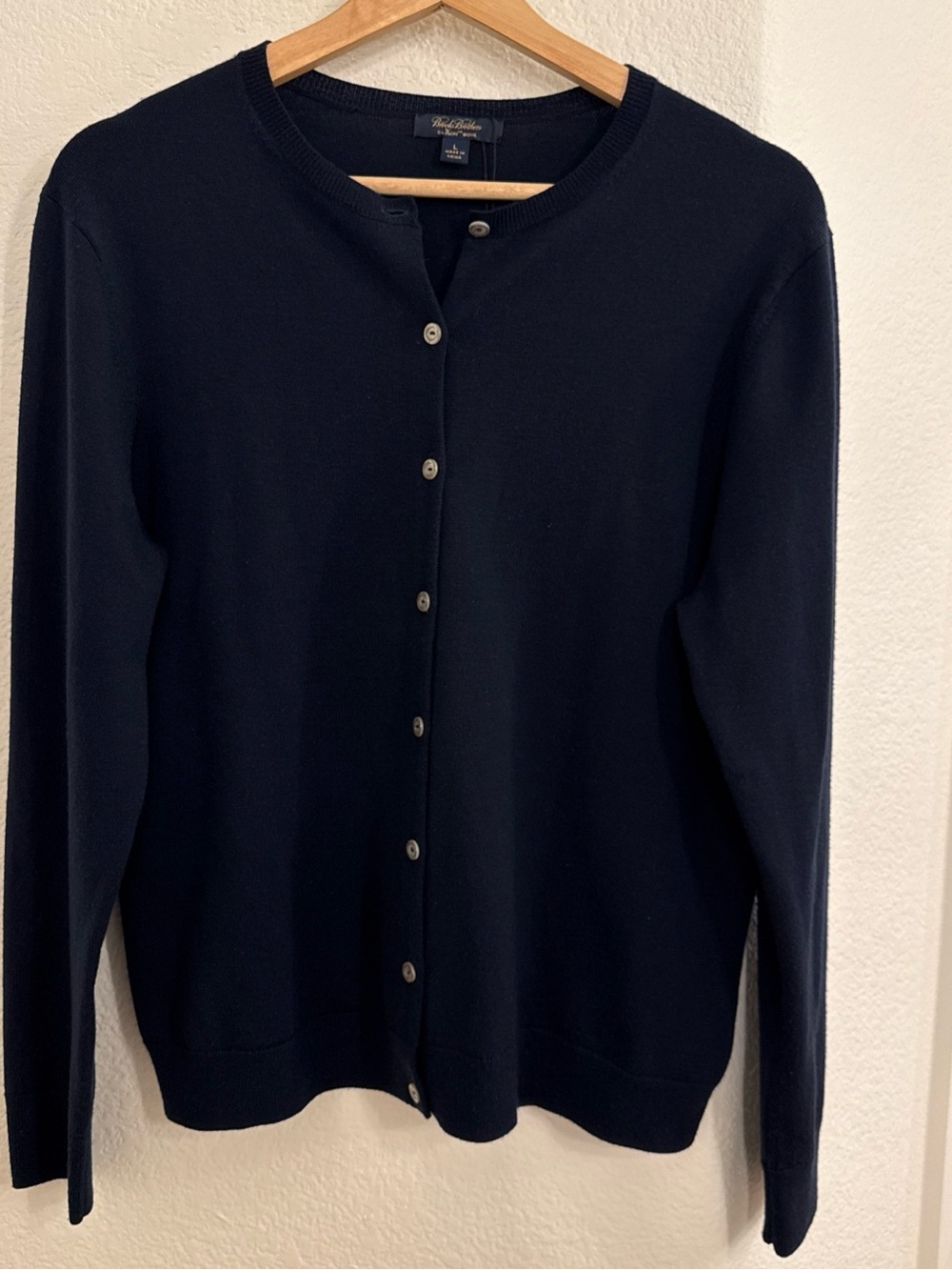 Brooks Brothers Cardigan Sweater Womens Large Navy Blue Saxxon Wool Crew Neck - Picture 2 of 13
